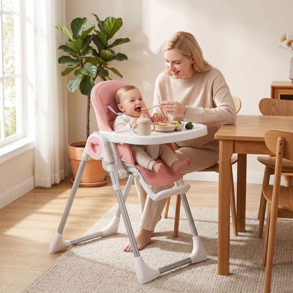 AIYAPLAY Folding High Chair for Babies 6-36 Months with Adjustable Height, Double Washable Tray, Wheels, Pink