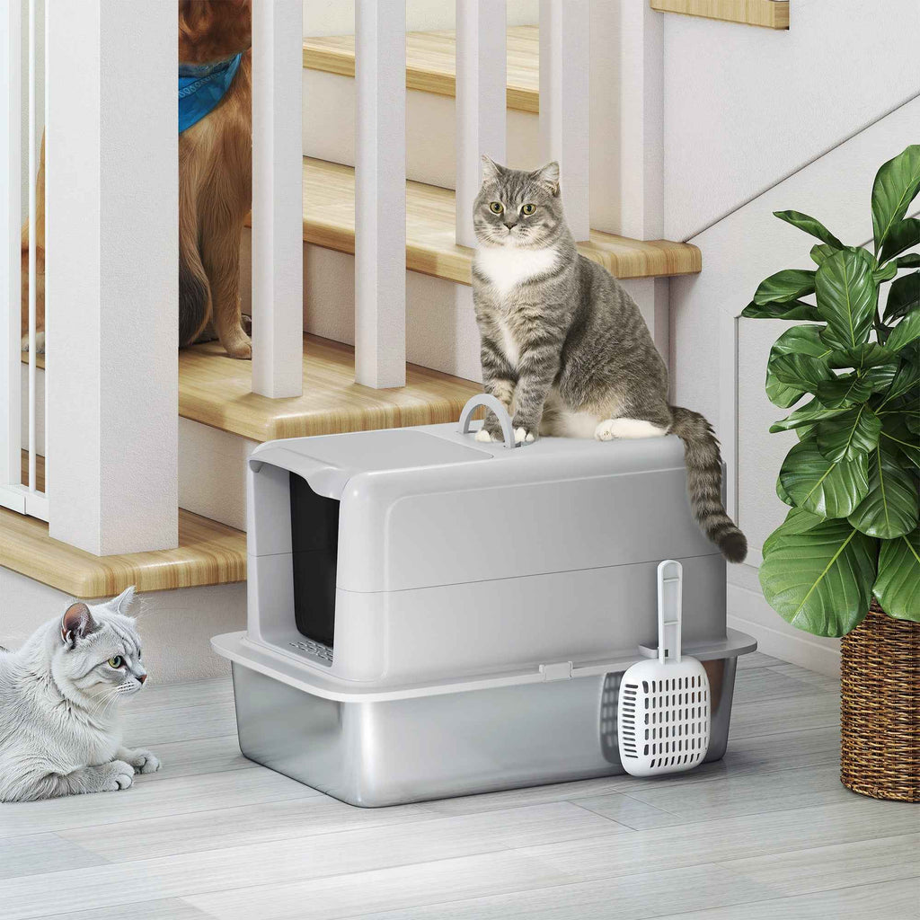 PawHut Enclosed Cat Litter Box with Steel Tray, Scoop and Filters, 40.5x60.5x41.5 cm, Grey and Silver