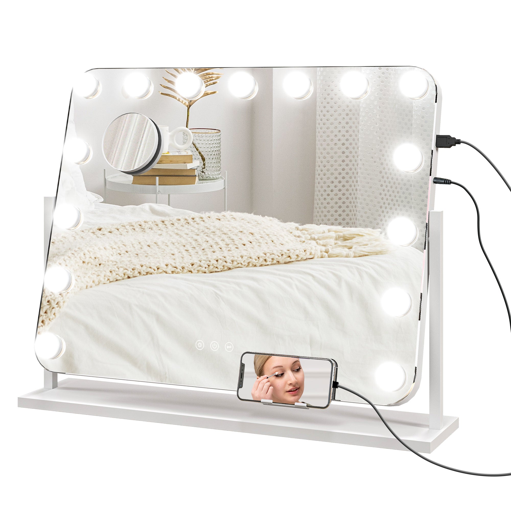 Makeup Mirror with 14 Adjustable LED Lights and USB Charging, Glass and Metal, 62.5x14x49.5 cm, White