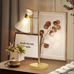 Modern Table Lamp with Adjustable Amber and Satin Glass Lampshade, E27 Socket, Gold