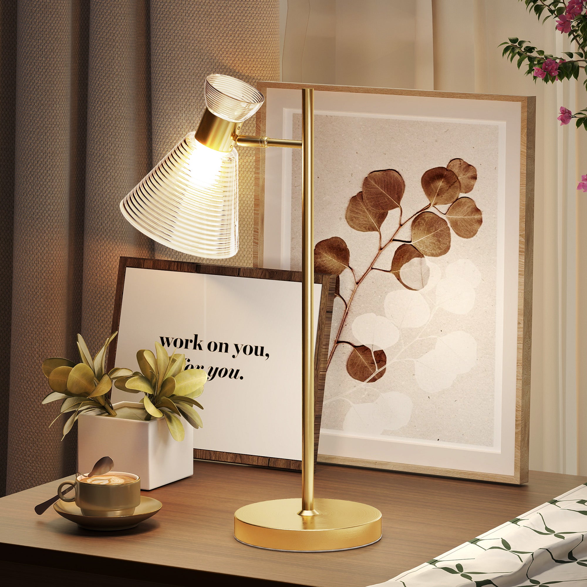 Modern Table Lamp with Adjustable Amber and Satin Glass Lampshade, E27 Socket, Gold