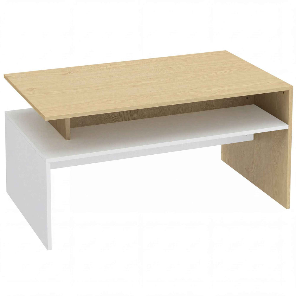 HOMCOM Two-Tone Coffee Table with Asymmetrical Shelf, 95x55x50 cm, Natural Wood and White