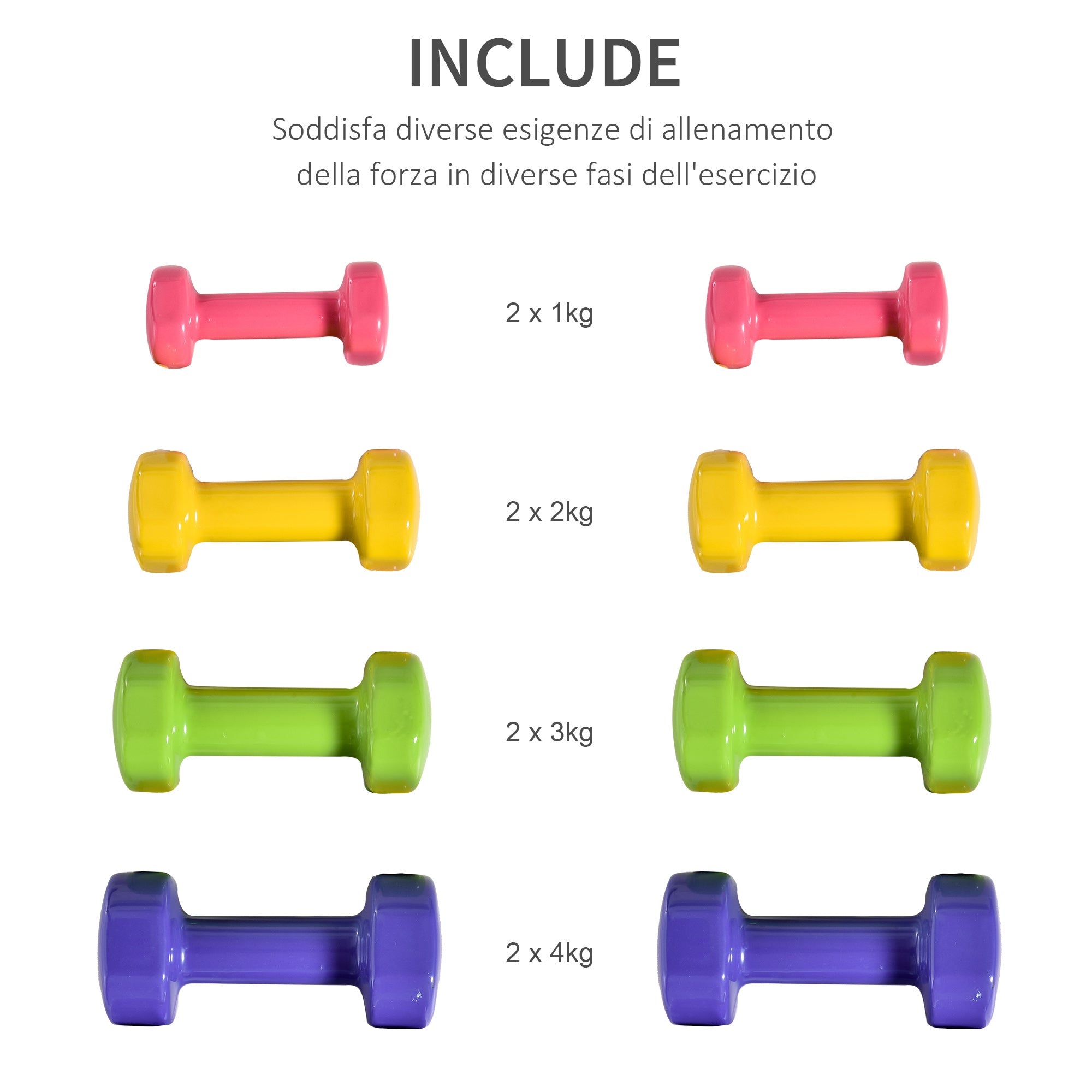 Set of 4 Hexagonal Dumbbells of 20 kg Total in Steel and PU from 1 to 4kg, Multicolor