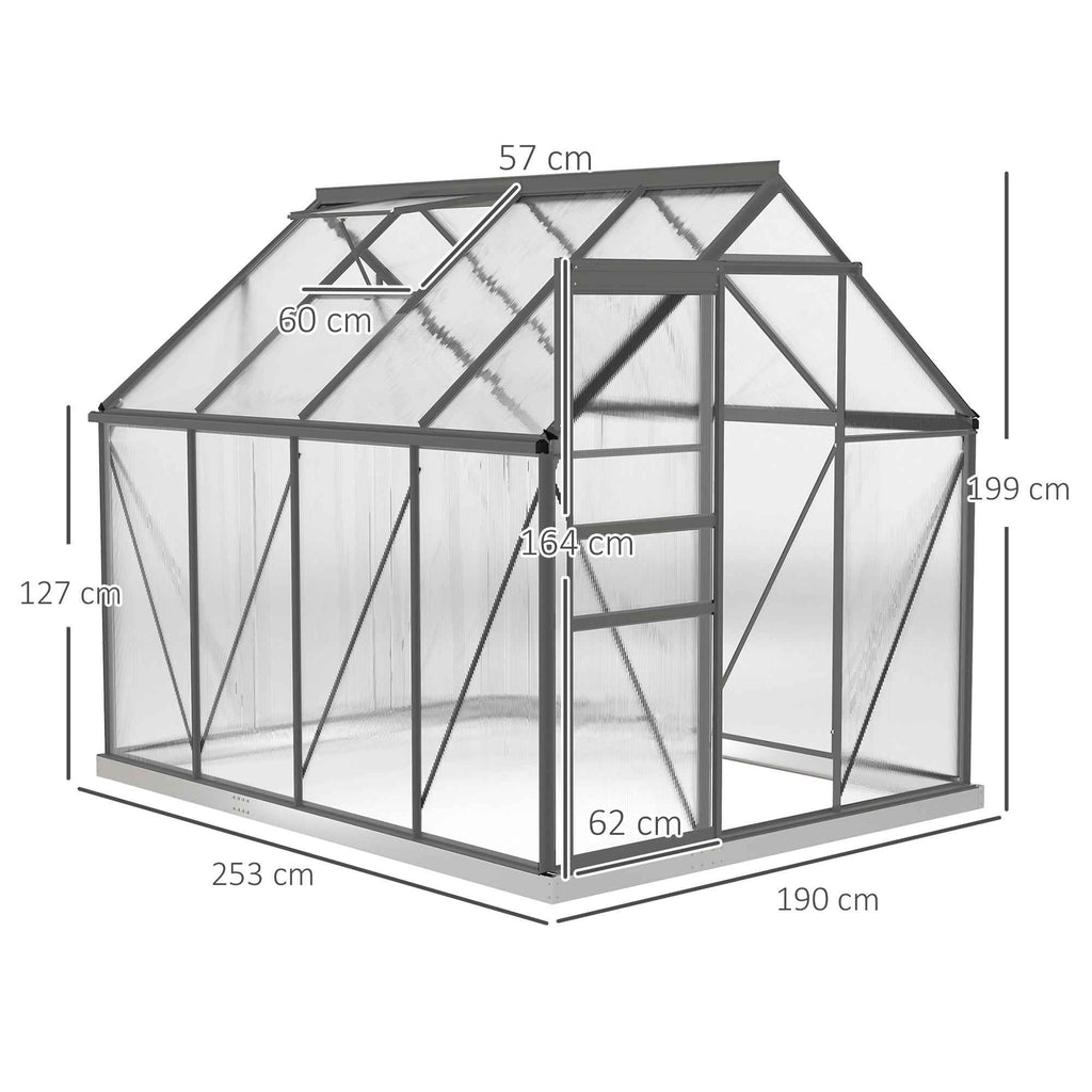Outsunny Polycarbonate and Aluminum Greenhouse with Opening Window and Sliding Door, 190x253x199 cm, Dark Gray