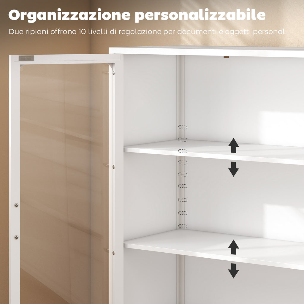 Steel Document Cabinet with 2 Glass Doors and Adjustable Shelves, 80x40x110 cm, White