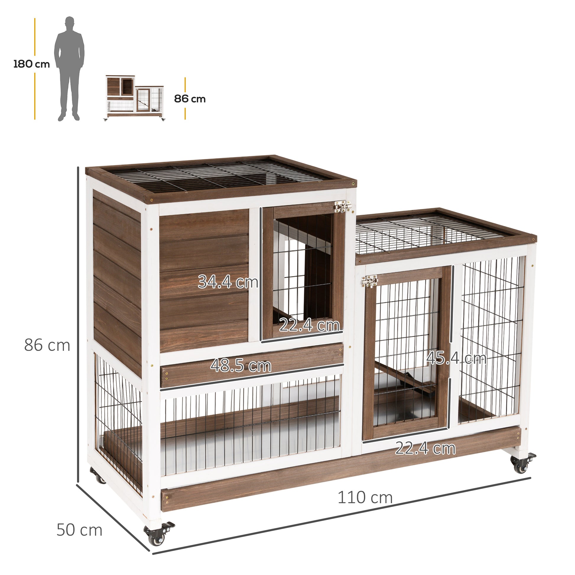 PawHut Wooden Hutch with Wheels, Removable Trays and House, 110x50x86cm, Brown and White - Borgè