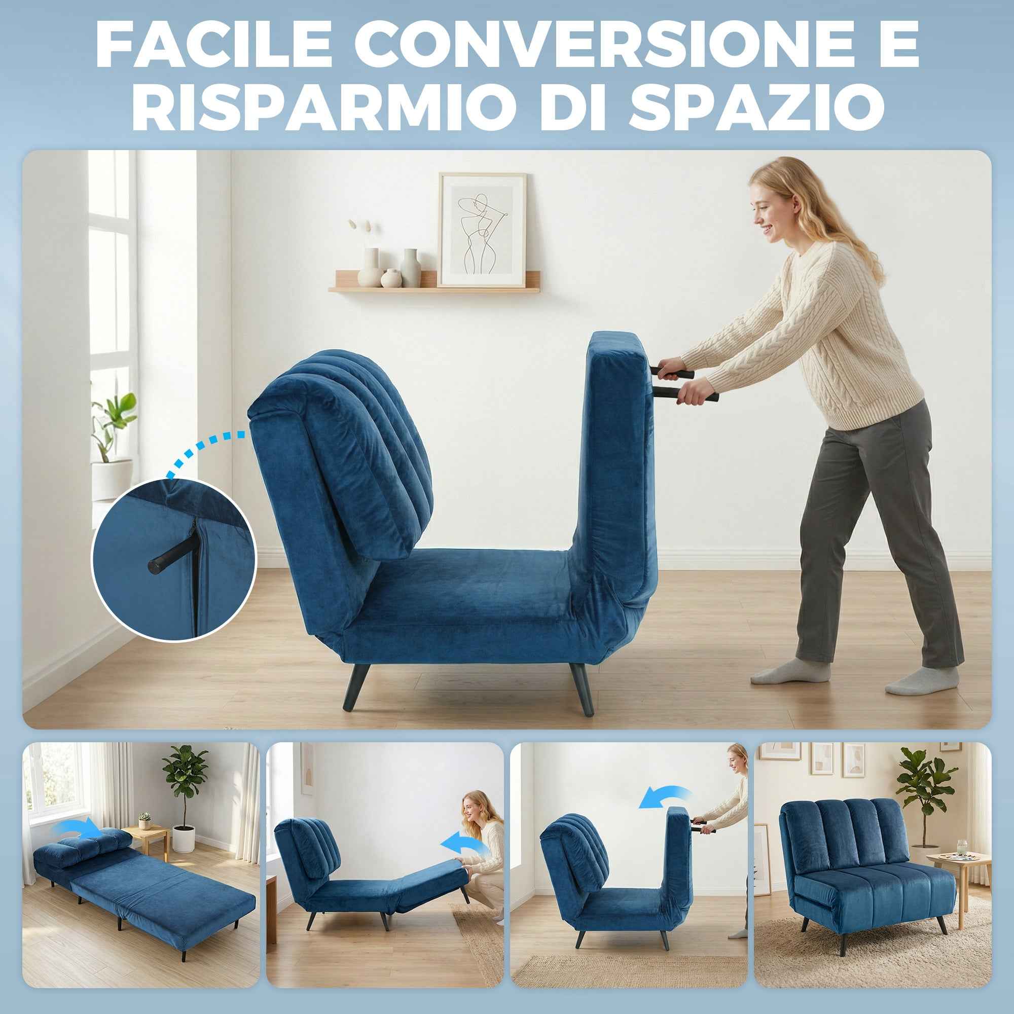 Folding Convertible Sofa Bed with Adjustable Backrest, Blue
