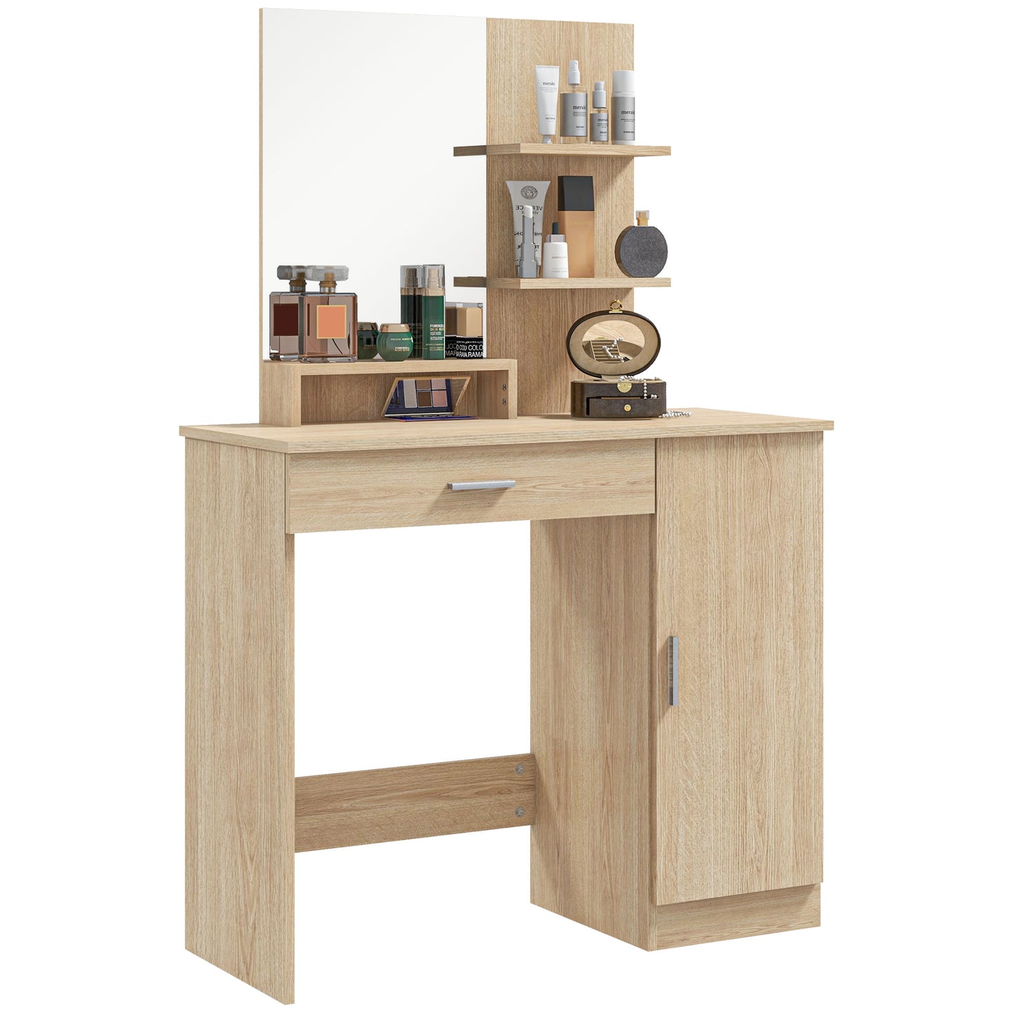 Dressing make -up table with cabinet, drawer, open shelves and mirror, 90x38x138 cm