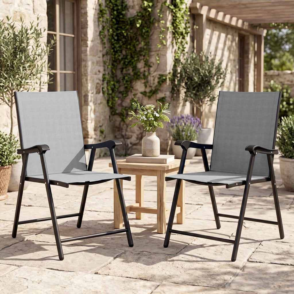 Outsunny Set of 2 Folding Chairs with High Back and Armrests, Light Grey