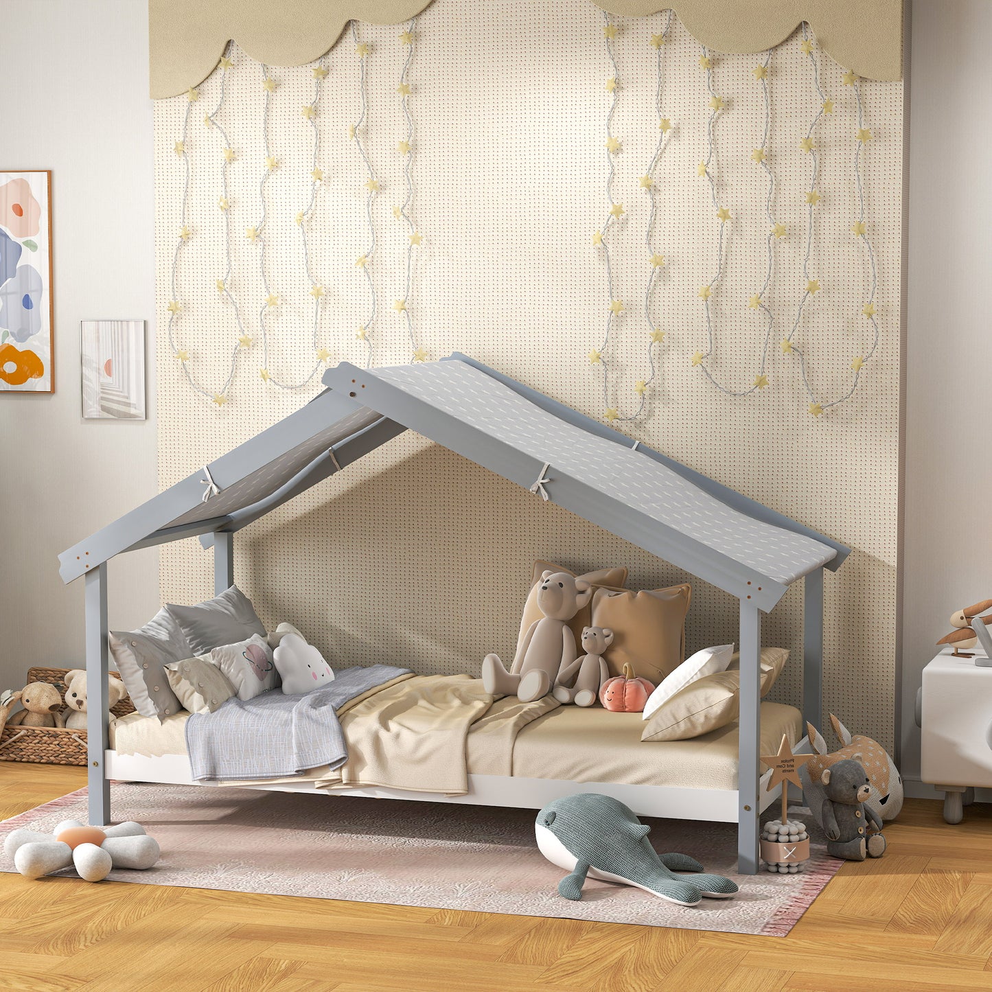 Slatted Pine Wood House Bed with Fabric Starry Roof, 213x100x140 cm, Grey