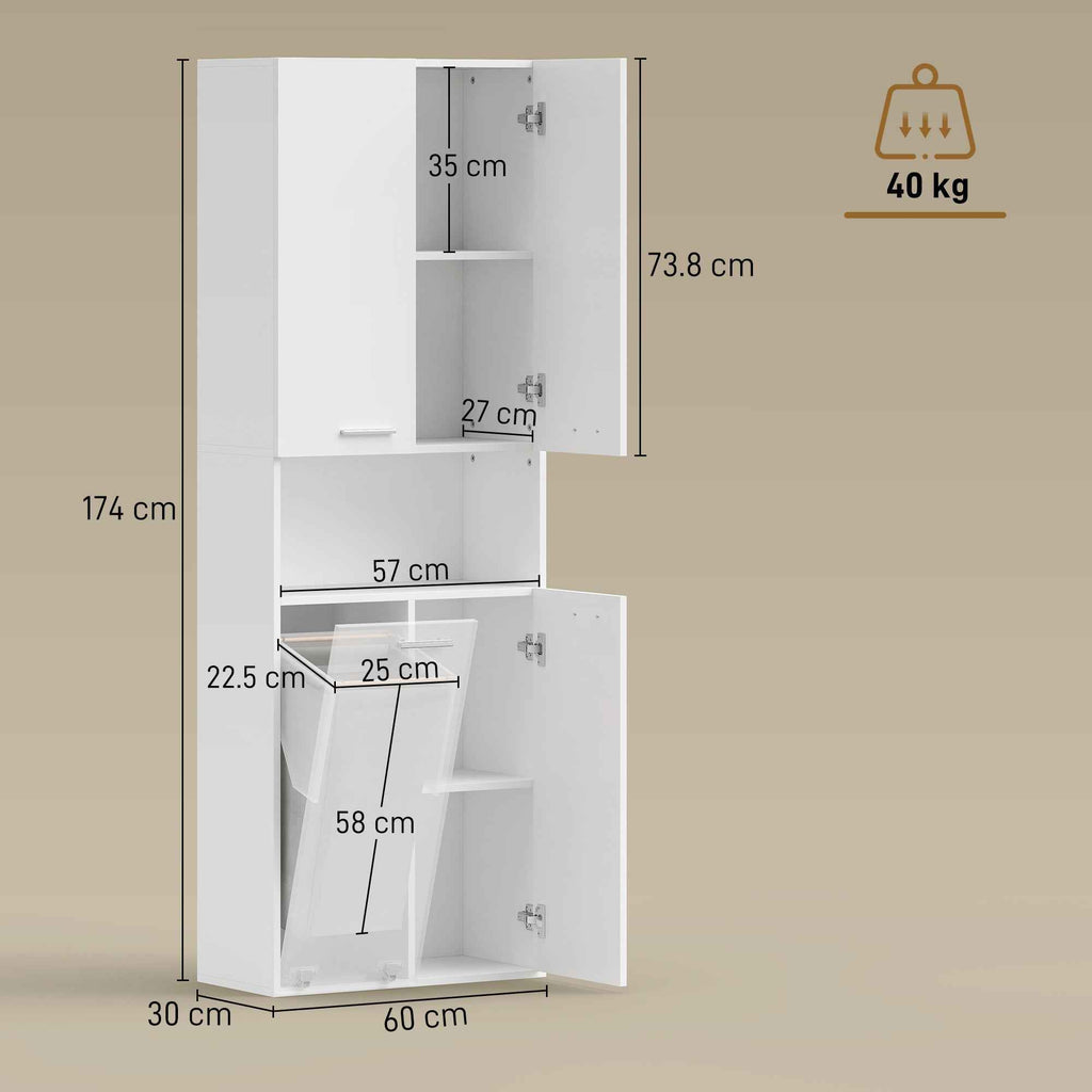 HOMCOM 2-Door Bathroom Cabinet with Drop-Leaf Laundry Basket and Open Shelf, 60x30x174 cm, Wood, White