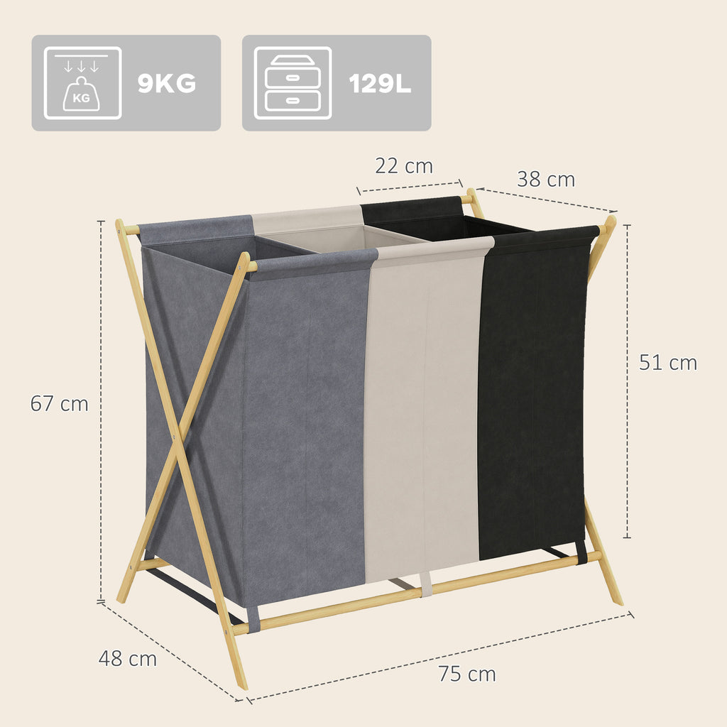 Foldable Laundry Hamper with 3 Compartments, Bamboo and Linen Effect Fabric, 75x48x67 cm, Multicolor
