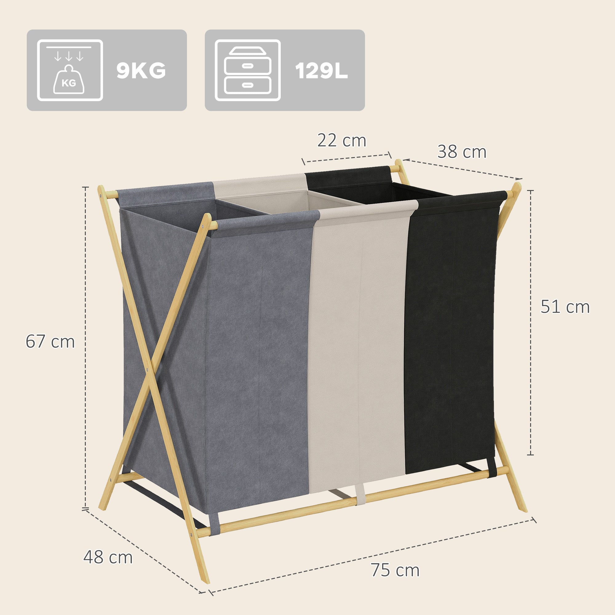 Foldable Laundry Hamper with 3 Compartments, Bamboo and Linen Effect Fabric, 75x48x67 cm, Multicolor
