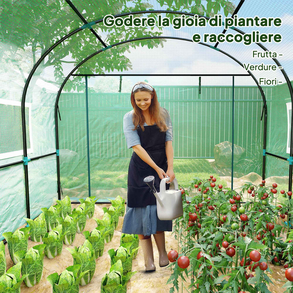 Outsunny 3x3x2 m Steel and UV-Resistant Polyethylene Tunnel Greenhouse for Vegetable Garden with Roll-Up Doors and Windows, Green