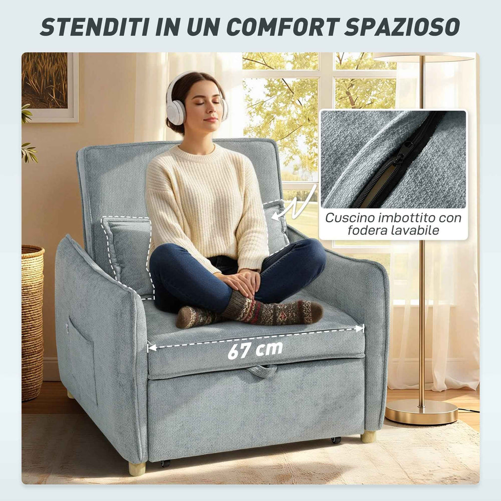 HOMCOM 3-in-1 Reclining Sofa Bed with Cushion, Chenille Upholstery, 88x84x87 cm, Grey