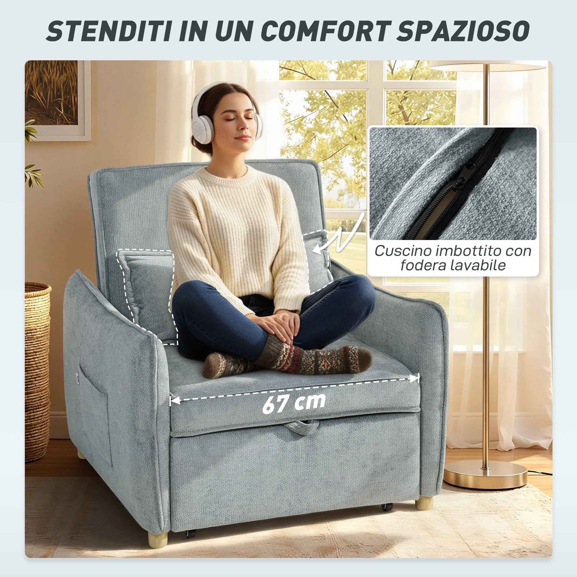 HOMCOM 3-in-1 Reclining Sofa Bed with Cushion, Chenille Upholstery, 88x84x87 cm, Grey