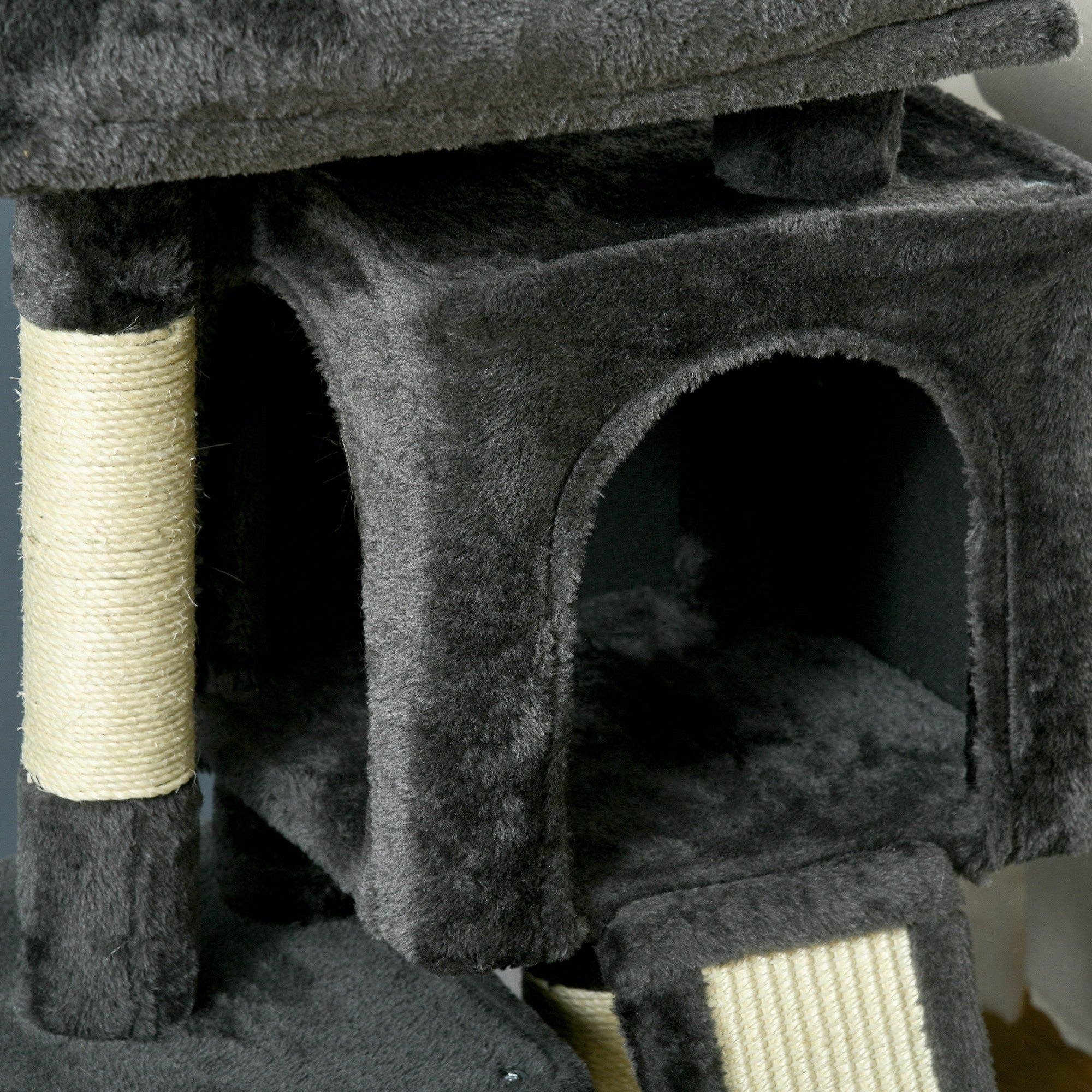 Scratching Tree for Cats with Sisal Poles, Bed and 2 Houses, 59x39x83cm, Dark Gray