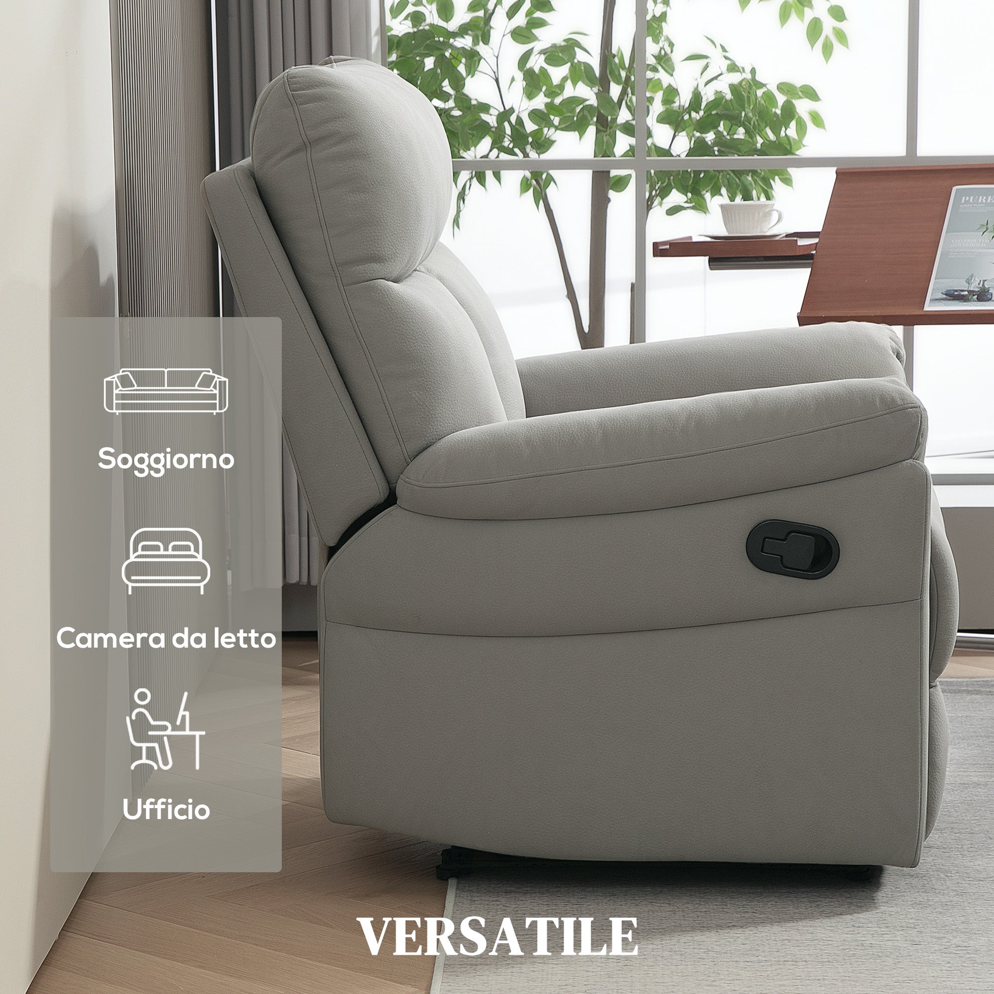 140° Reclining Chair with Footrest, in Microfiber, Foam and Metal, 84x91x102 cm, Grey