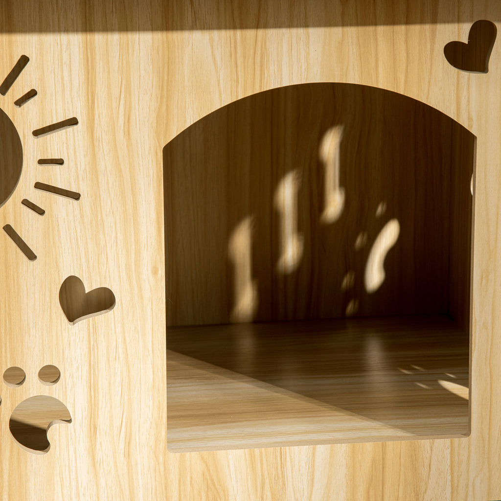 Indoor Dog House with Wooden Frame and Paw, Heart, and Bone-Shaped Openings, Oak