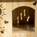 Indoor Dog House with Wooden Frame and Paw, Heart, and Bone-Shaped Openings, Oak