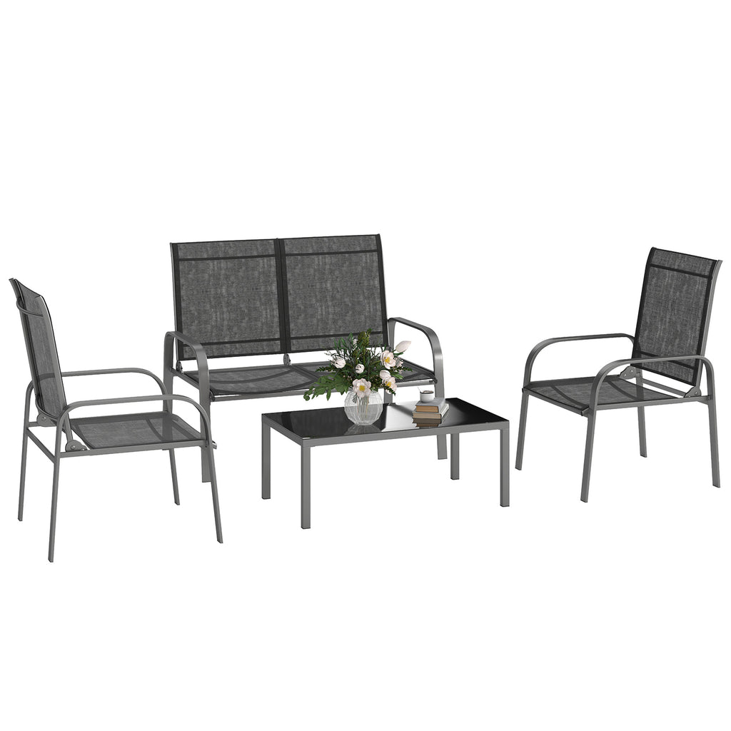 4-Piece Outdoor Set with Coffee Table, 2 Chairs and Sofa with Adjustable Backrest, in Steel and Black Textilene