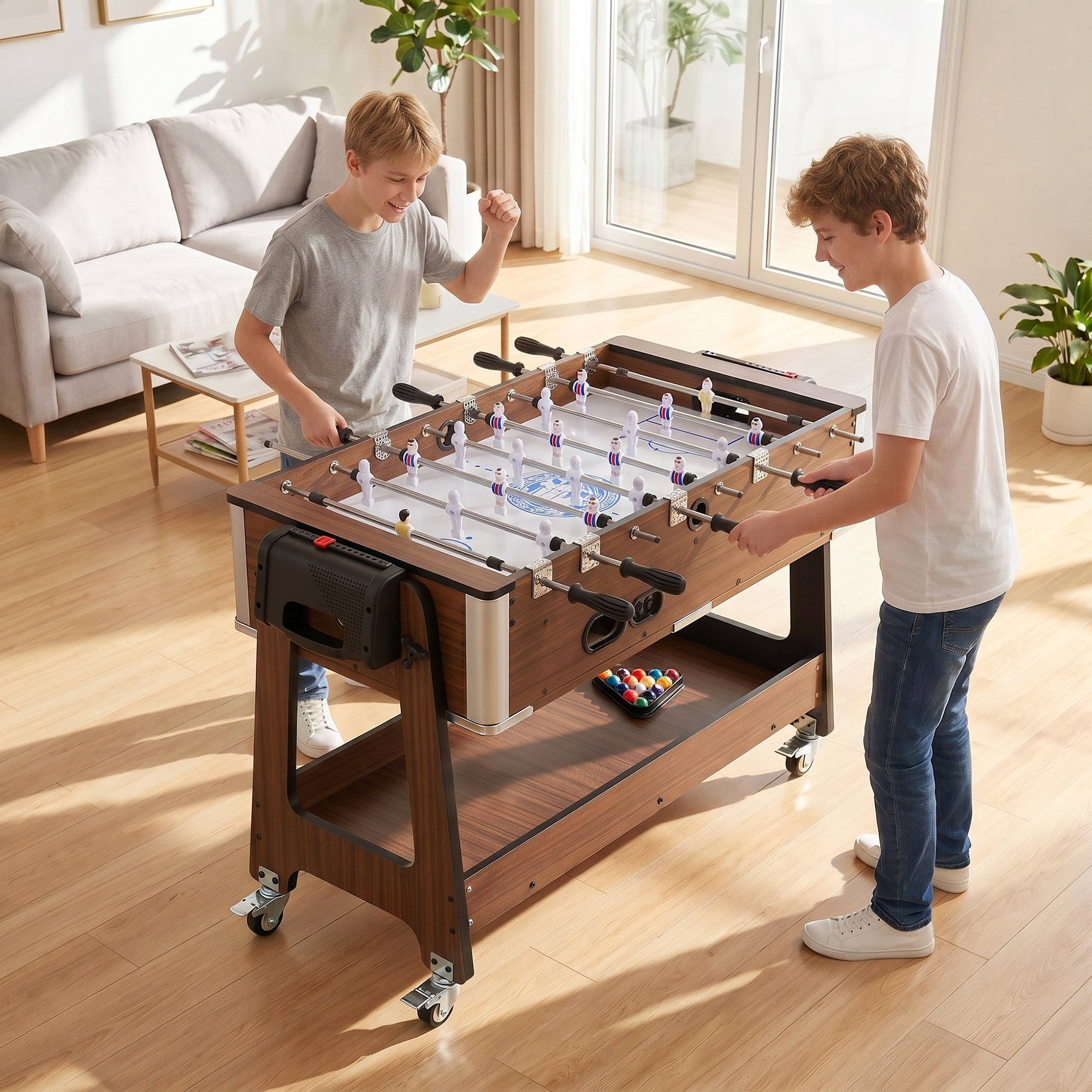 SPORTNOW 3-in-1 Table: Air Hockey, Pool Table, Table Football, Lockable Wheels, Shelf