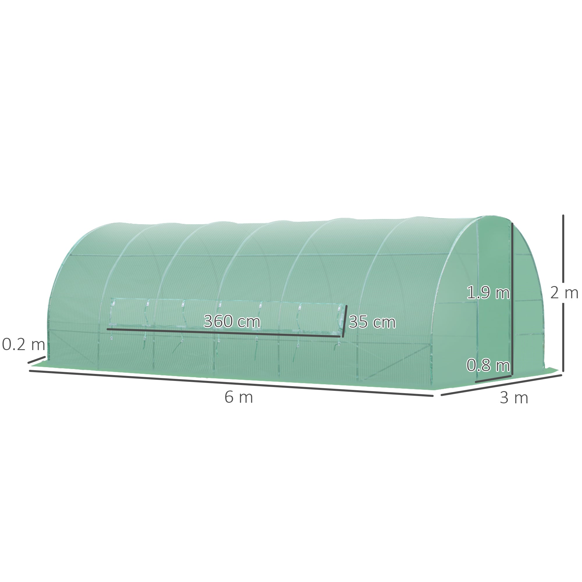 Tunnel Greenhouse with Door and 8 Windows, Garden Greenhouse in PE and Galvanized Metal, for Growing Plants, 600x300x200cm