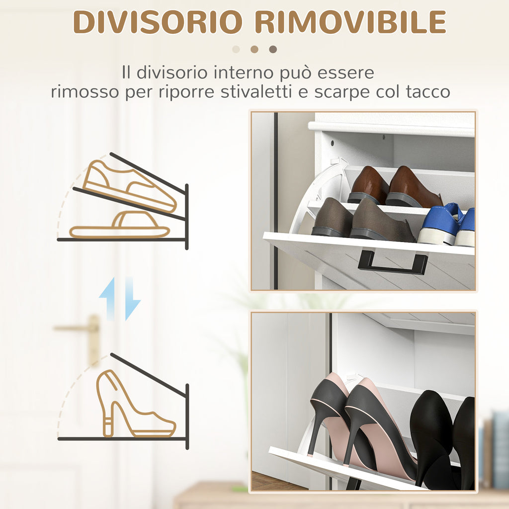 Modern Shoe Rack with 2 Tilting Drawers for 10 Pairs of Shoes and Adjustable Shelf, 54x24x82.5cm, White
