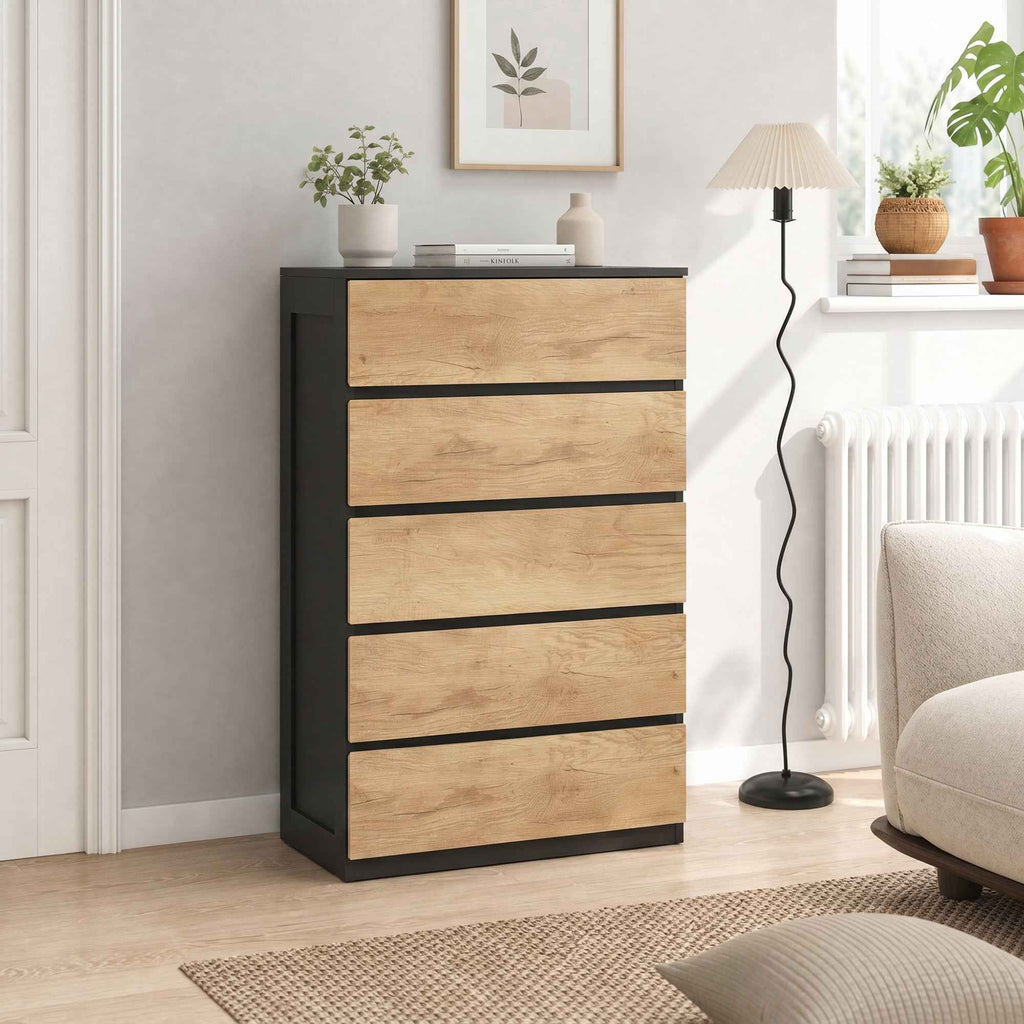 HOMCOM 5-Drawer Wooden Chest of Drawers with Metal Rails and Grooved Handles, 60x39x100 cm, Black and Oak
