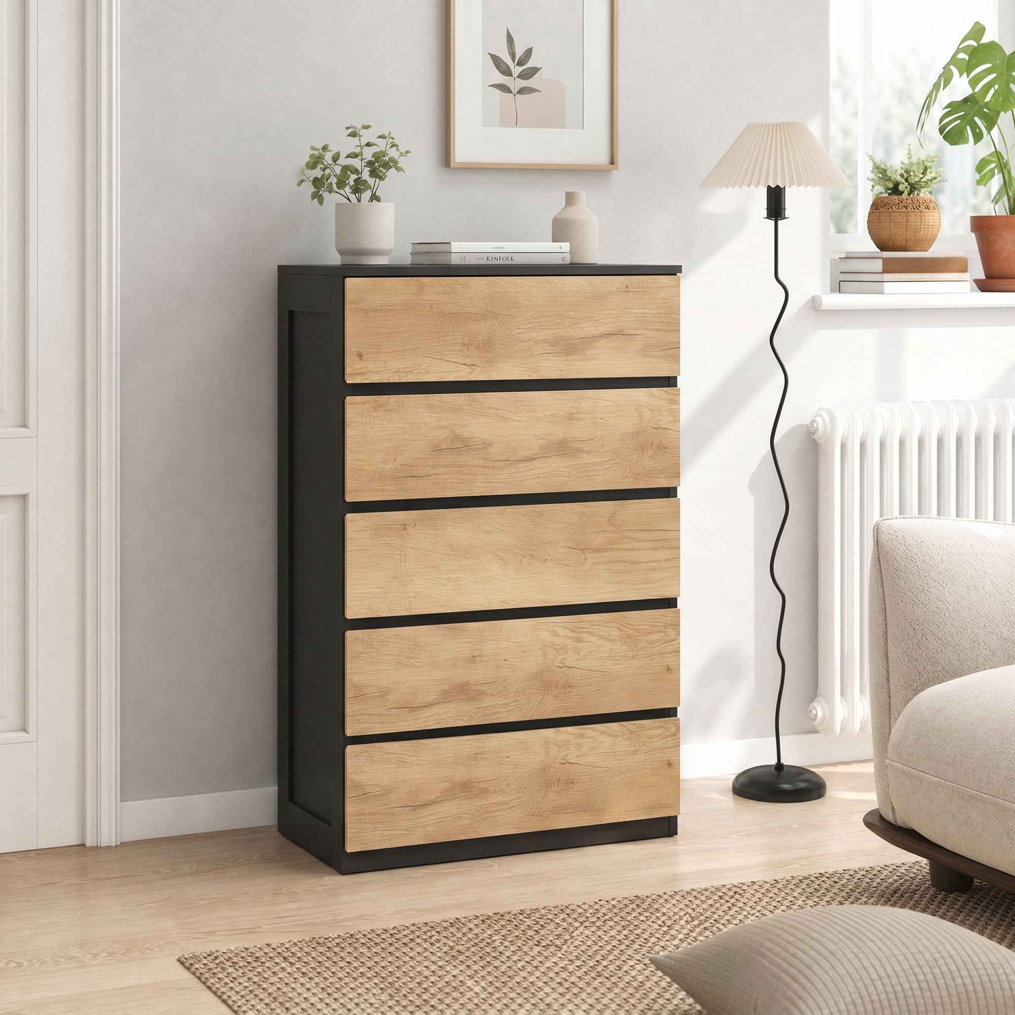 HOMCOM 5-Drawer Wooden Chest of Drawers with Metal Rails and Grooved Handles, 60x39x100 cm, Black and Oak