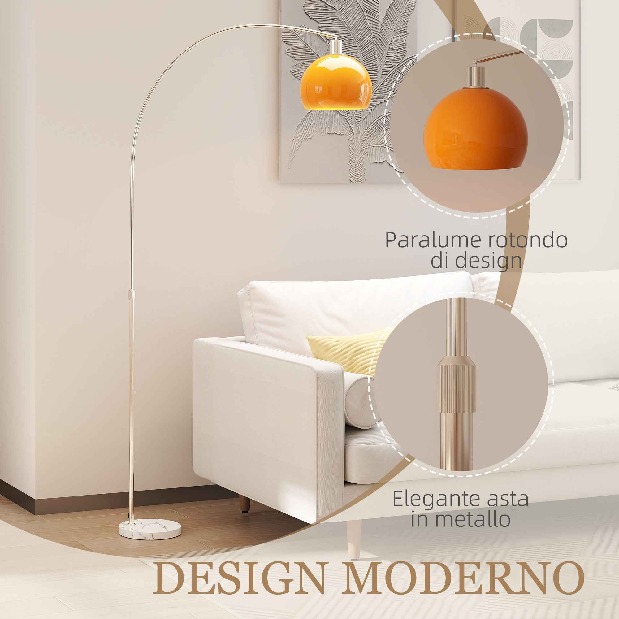 HOMCOM Arc Floor Lamp with Foot Switch, Marble, Metal and Plastic, 26x90x180 cm, White and Orange