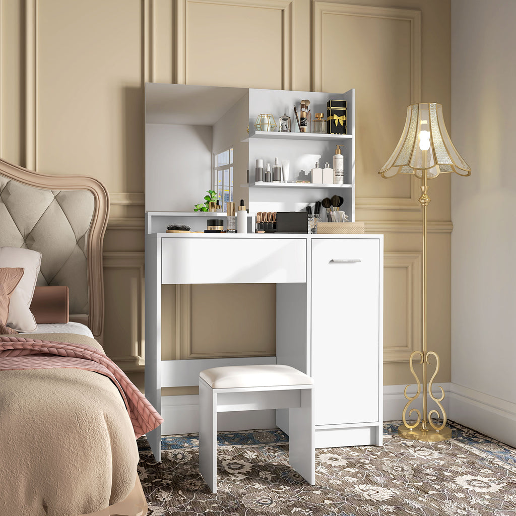 Dressing Table with Mirror and Stool, Drawer, Cabinet and Wooden Shelves, White