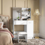Dressing Table with Mirror and Stool, Drawer, Cabinet and Wooden Shelves, White