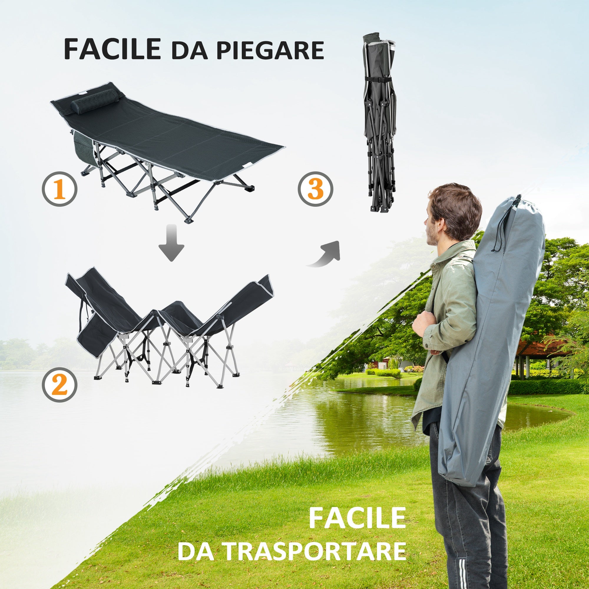 Folding and Padded Camping Cot with Storage Pocket, 188x64.5x53 cm, Gray