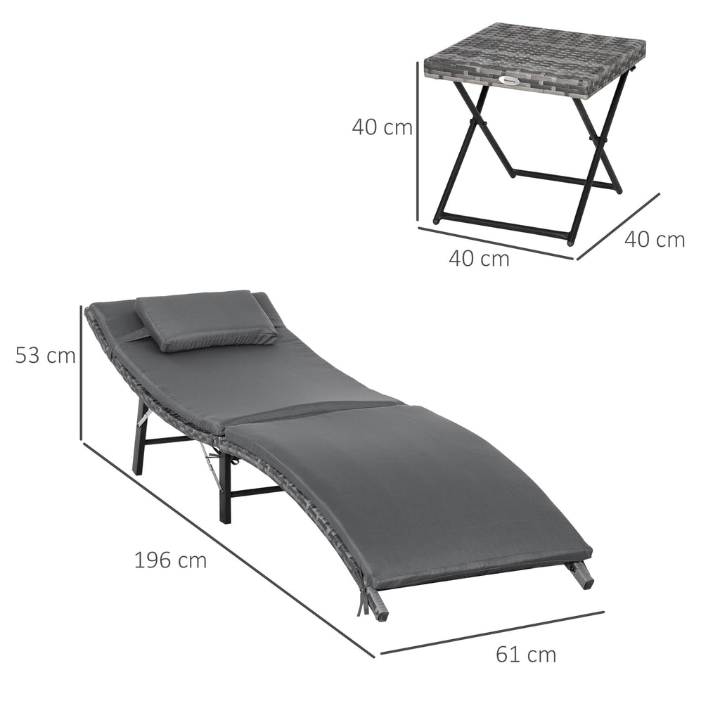 Folding Sun Loungers with Removable Cushions and Folding Table, 3-Piece Rattan Set, Grey