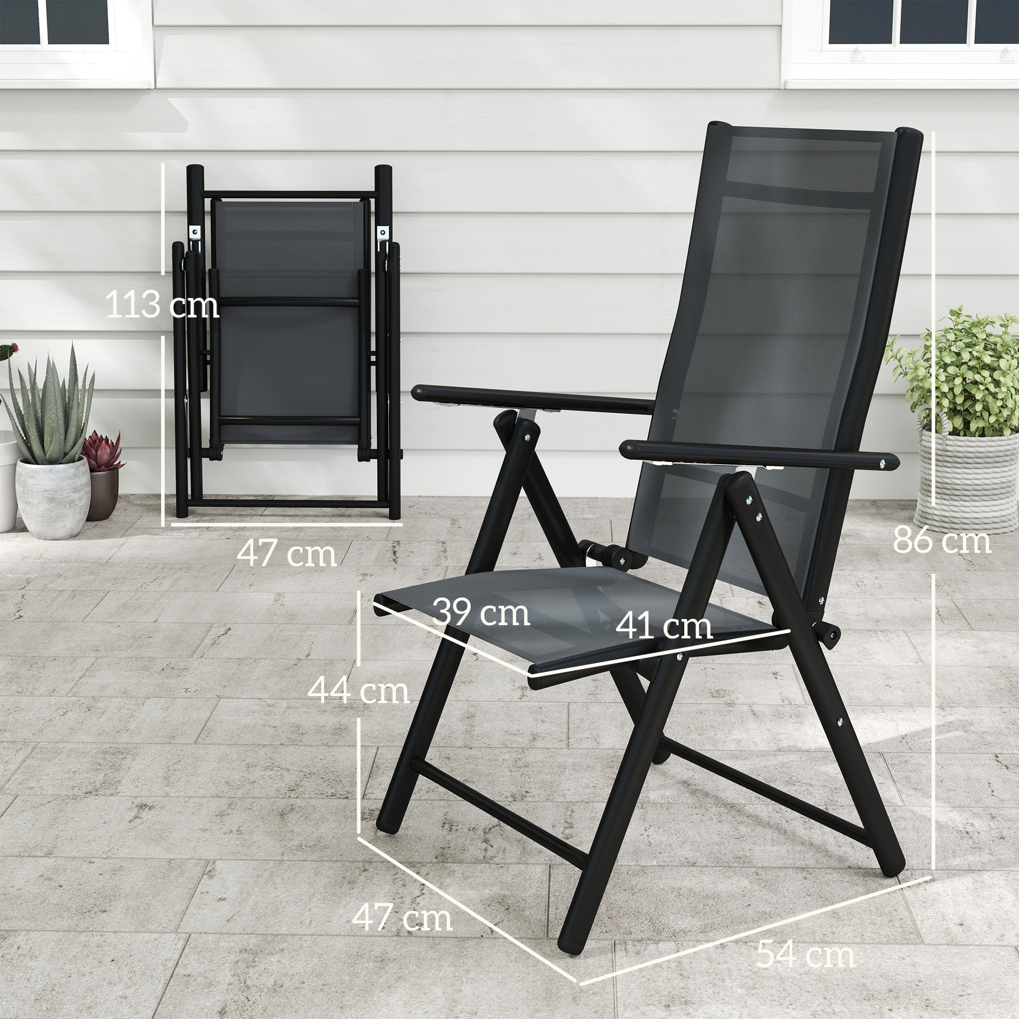 Set of 4 Folding and Breathable Garden Chairs with Armrests, in Steel and Polyester, 56x69x106 cm, Grey