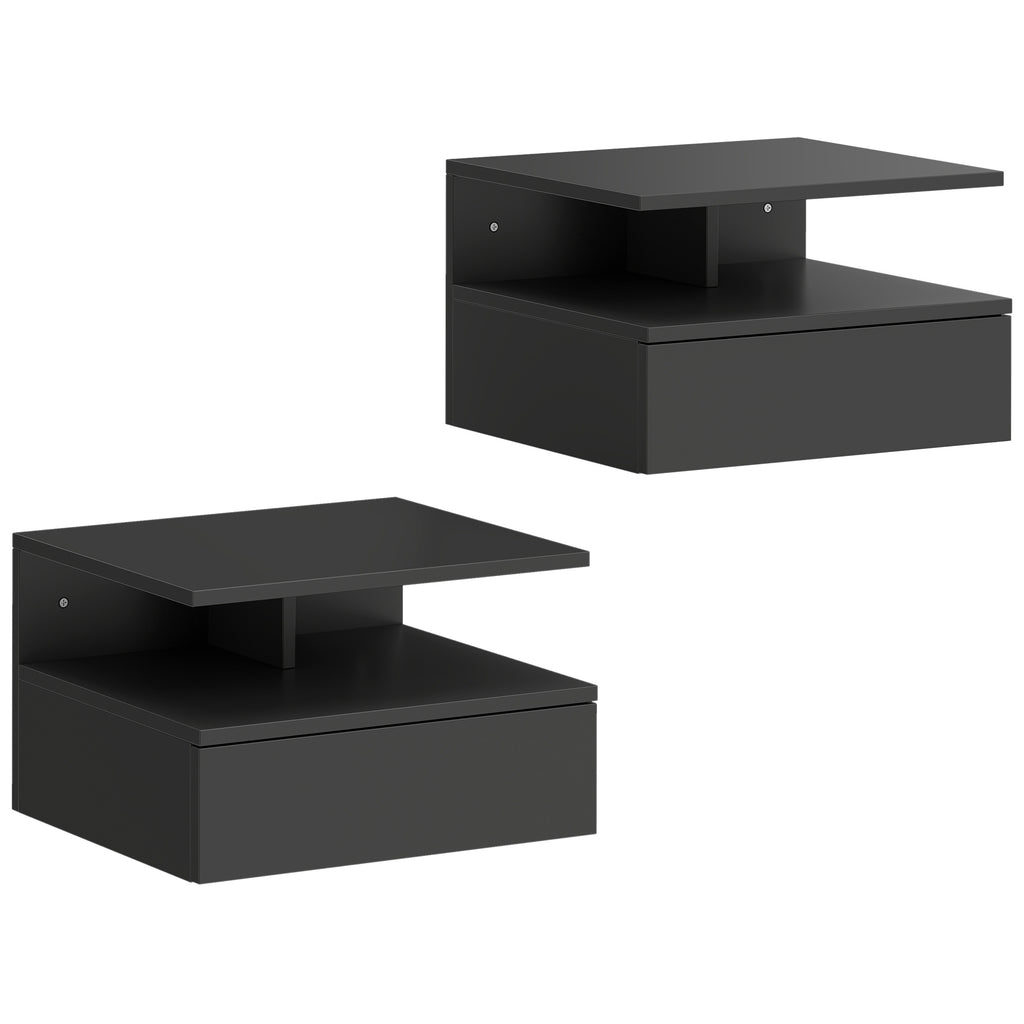 HOMCOM Set of 2 Floating Nightstands with Drawer and Open Shelf, 35x32x22.5 cm, Black