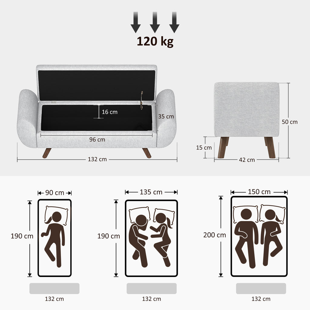 Bedside Storage Bench with Fabric Armrests, Wooden Legs and 53.8L Compartment, 132x42x50 cm, Grey