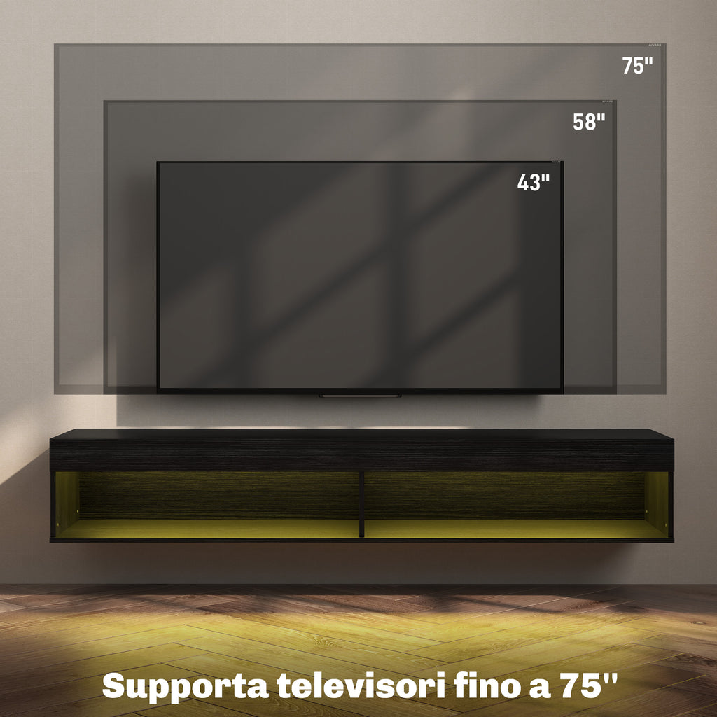 Wall Mounted TV Stand for up to 75" with 16 Color LED Lights and Remote Control, 180x40x30cm, Black
