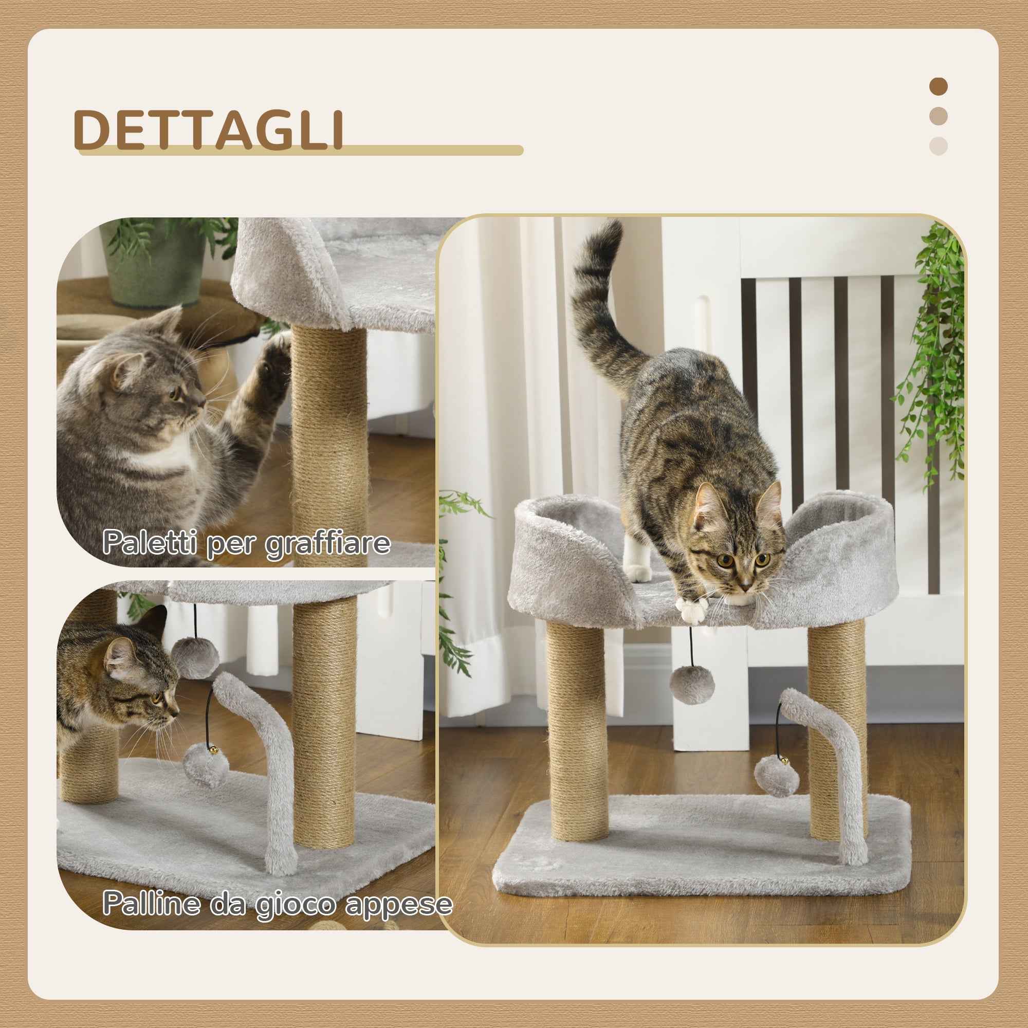 PawHut Cat Tree with Jute Scratching Post, Bed and Balls, 48x38x42 cm, Grey