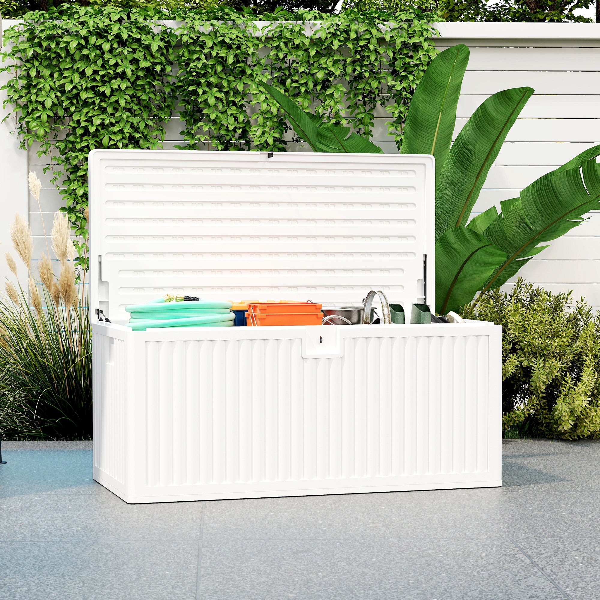 140L Outdoor Trunk in Waterproof and Grooved PE, 140x68x68 cm, White