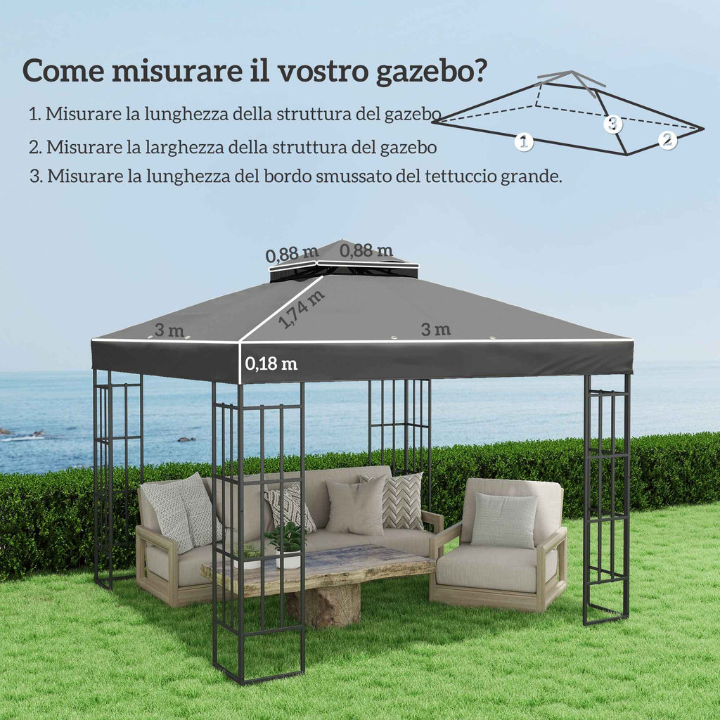 Outsunny 3x3m UPF30+ 2-Tier Dark Grey Polyester Garden Gazebo Cover