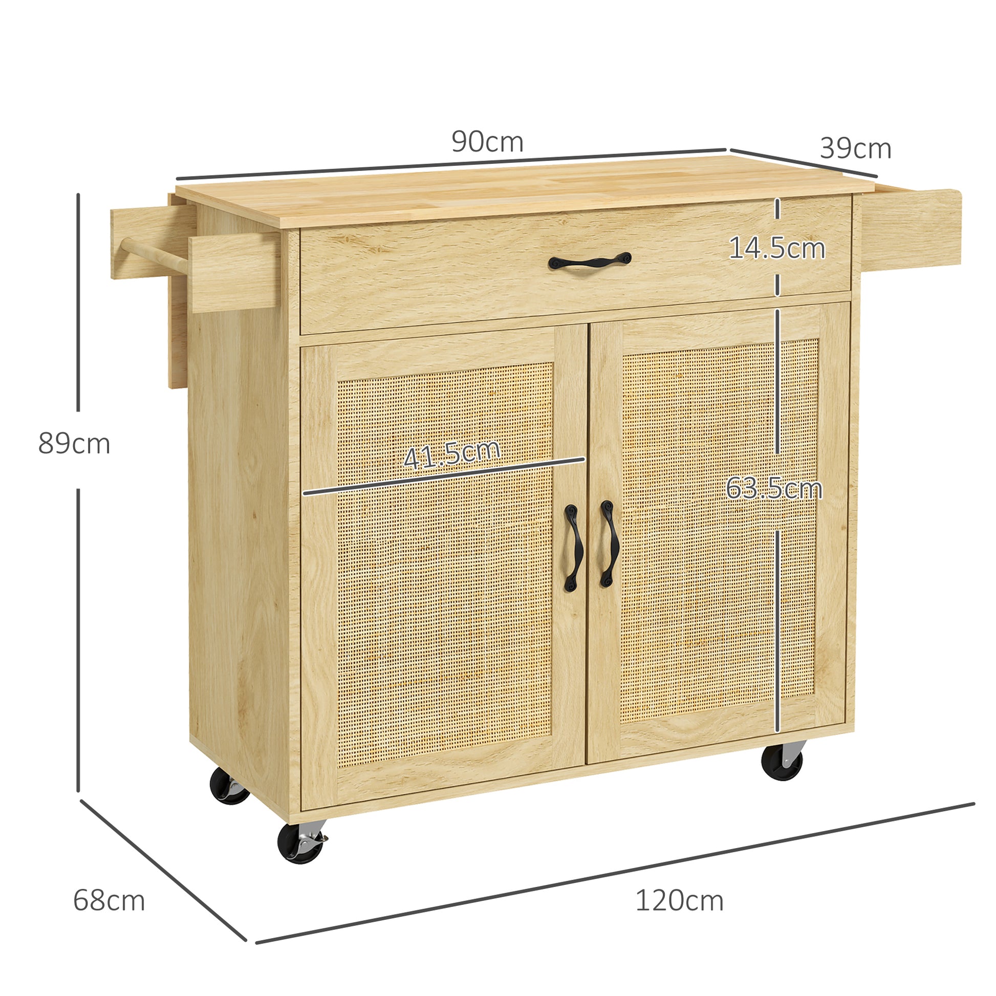 Boho Style Kitchen Trolley with Folding Top, Drawer and Cabinet in Wood and Rattan Boho Style - Borgè