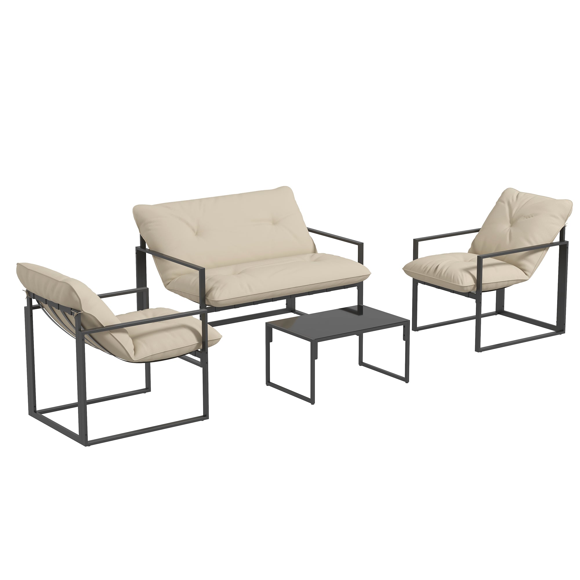 4-Piece Garden Set with Sofa, 2 Armchairs and Coffee Table, in Steel, Polyester and PP Cotton, Beige and Grey