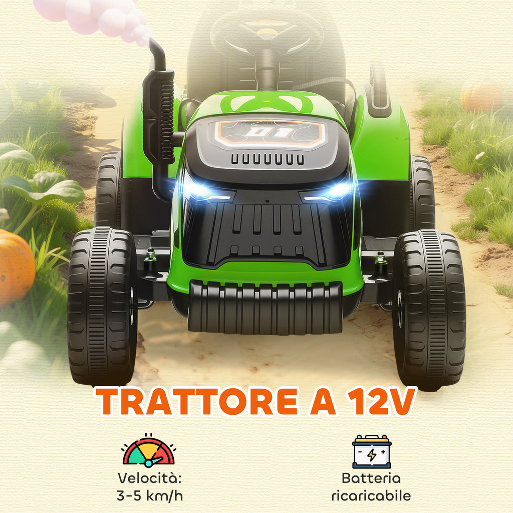 Electric Tractor for Children with Detachable Trailer and Remote Control, Made of Plastic and Metal, 139x58x55 cm, Green
