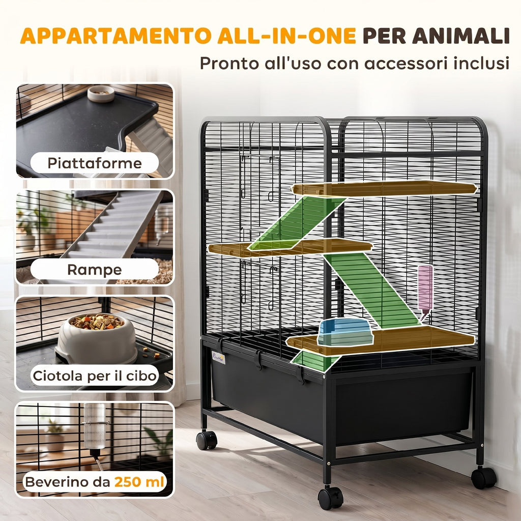 PawHut 4-Tier Steel Rabbit Cage with Platforms, Ramps, Wheels, Water Tank and Removable Tray, Black