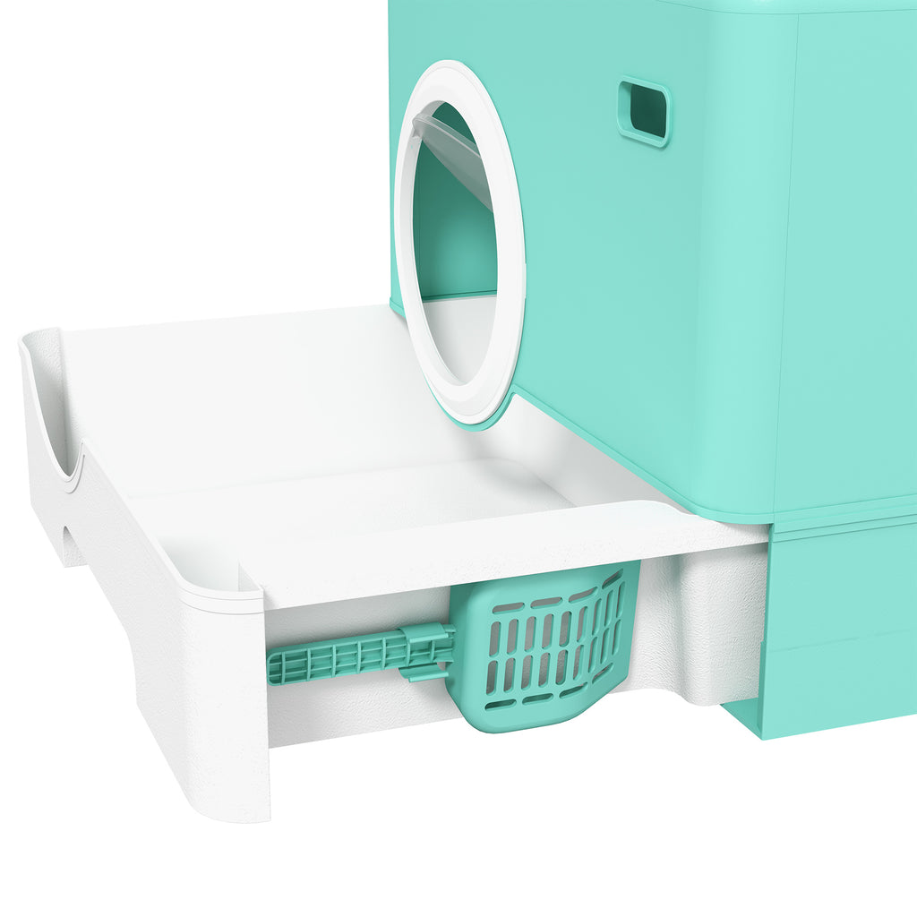 Cat Litter Box with Lid and Scoop, Double Entrance and Removable Tray, 52x41x38.5 cm, Green