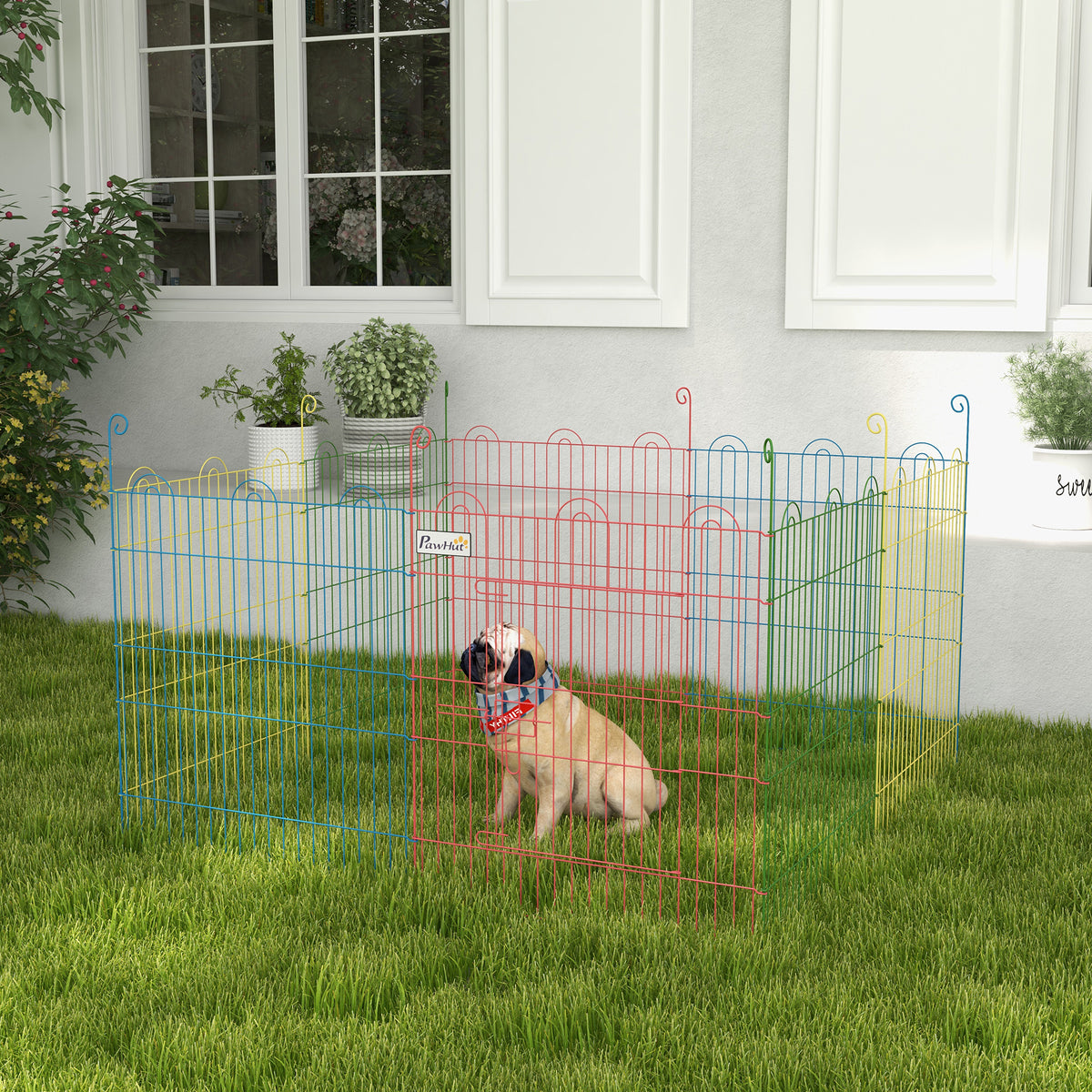PawHut 8-Panel Dog Gate with Snap Lock, for Medium Dogs, Steel, Ø156x60 cm, Multicolor