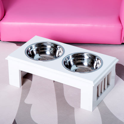 Pawhut Stainless Steel Raised Dog Bowl, MDF Wooden Base, with 2 Plates, 44x24x15cm - Borgè