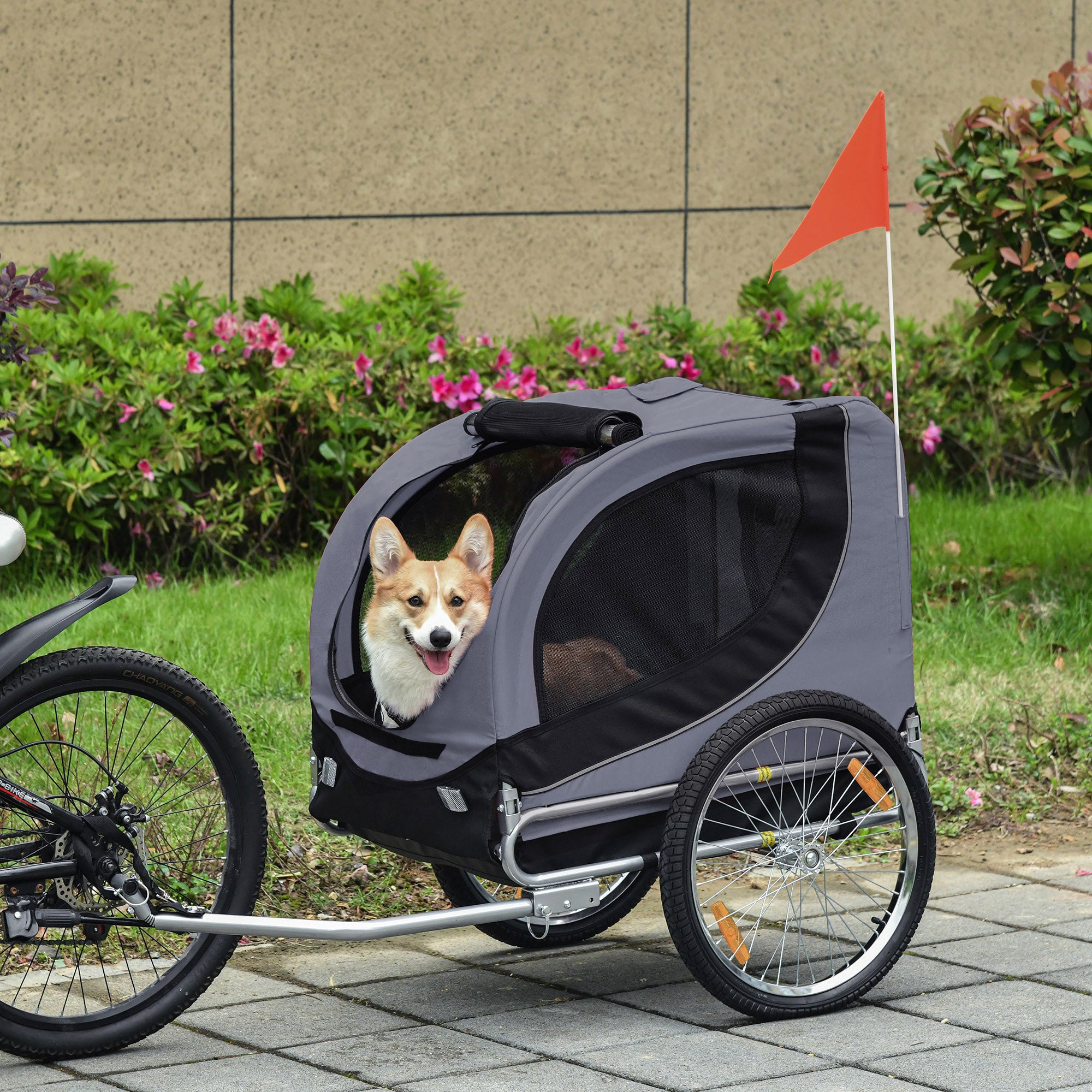 Bike Trailer for Medium Dogs with Side Windows and Flag, 130x73x90 cm, Grey and Black
